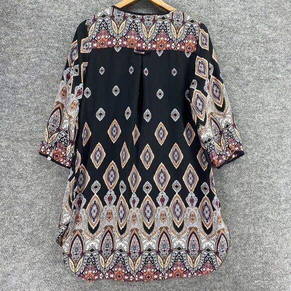 5/$45 Roz & Ali Dress Women M Medium Black Geometric Shift Short Crew Neck - Picture 2 of 9